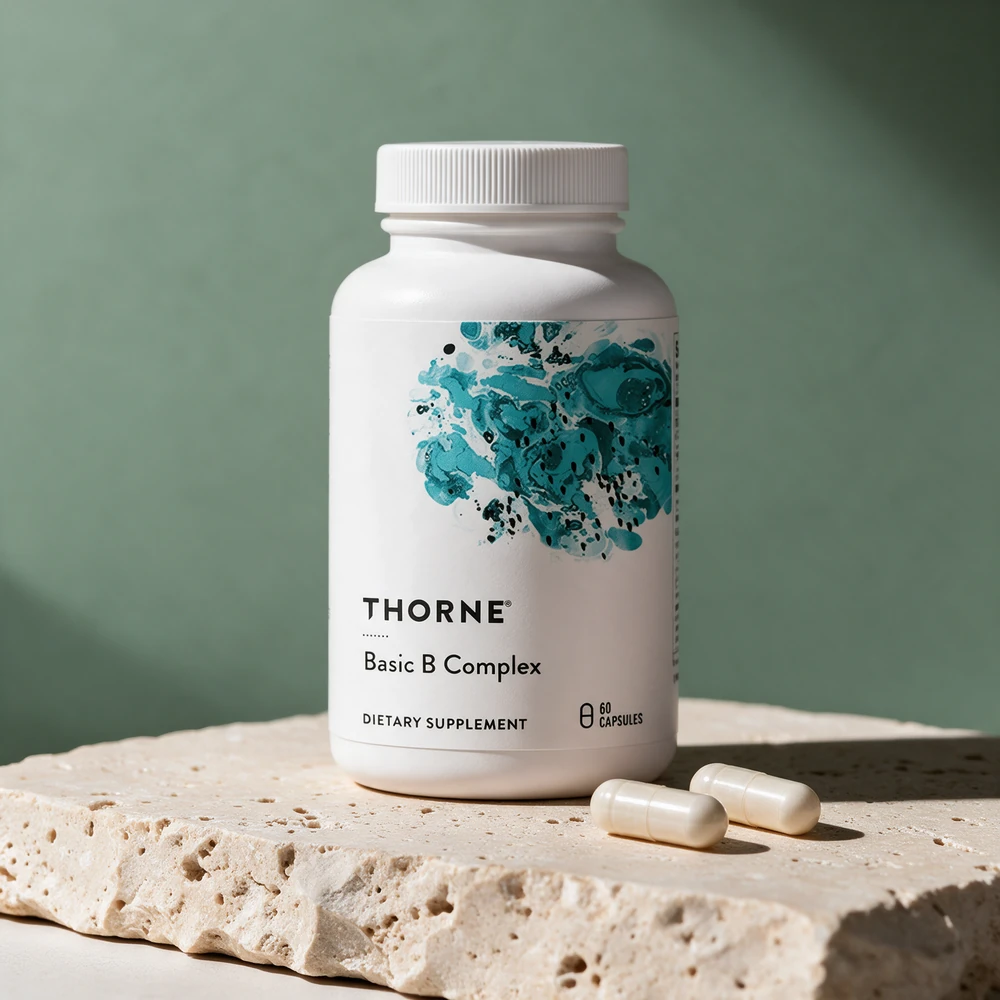 Thorne Basic B Complex, flaske med 60 kapsler og to løse kapsler