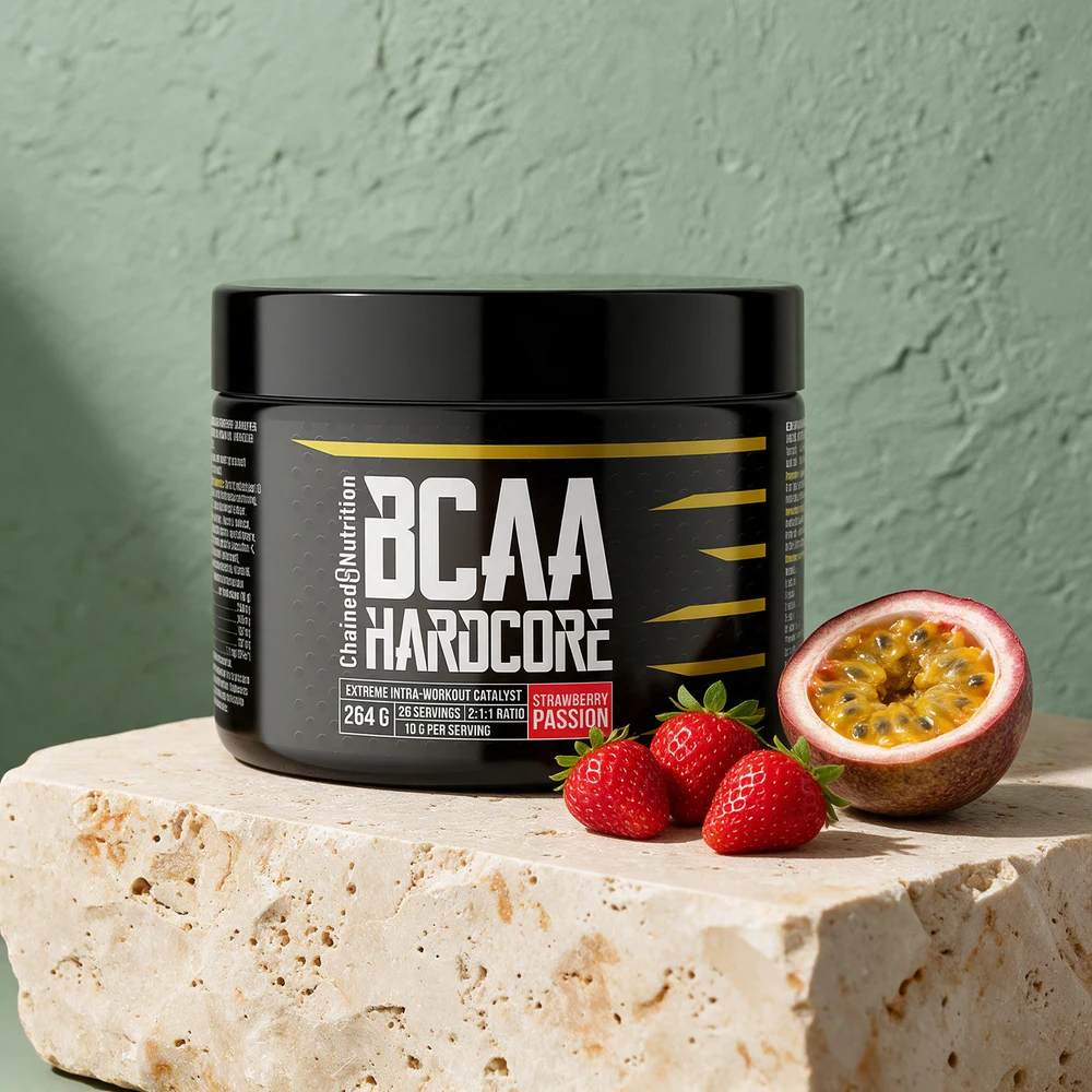 Chained Nutrition BCAA Hardcore i Strawberry Passion, svart boks