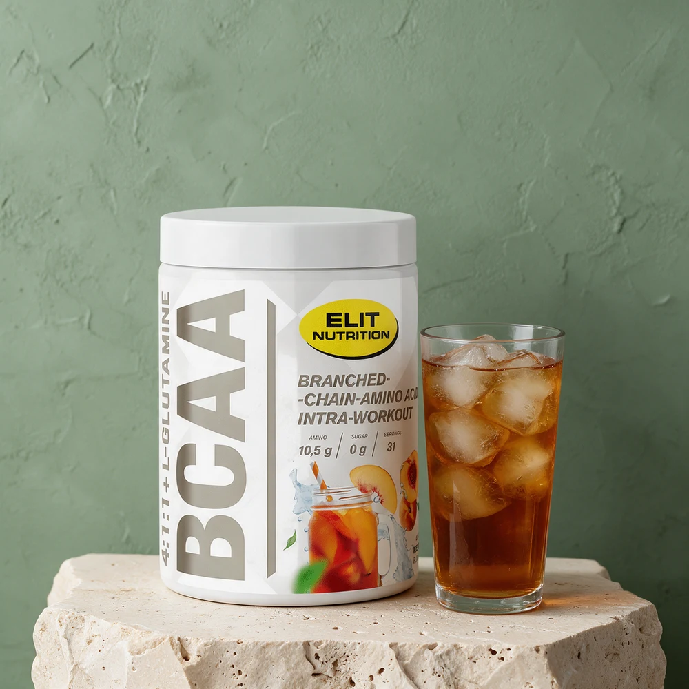 ELIT BCAA 4:1:1 + L-glutamin, hvit boks med Ice Tea-smak