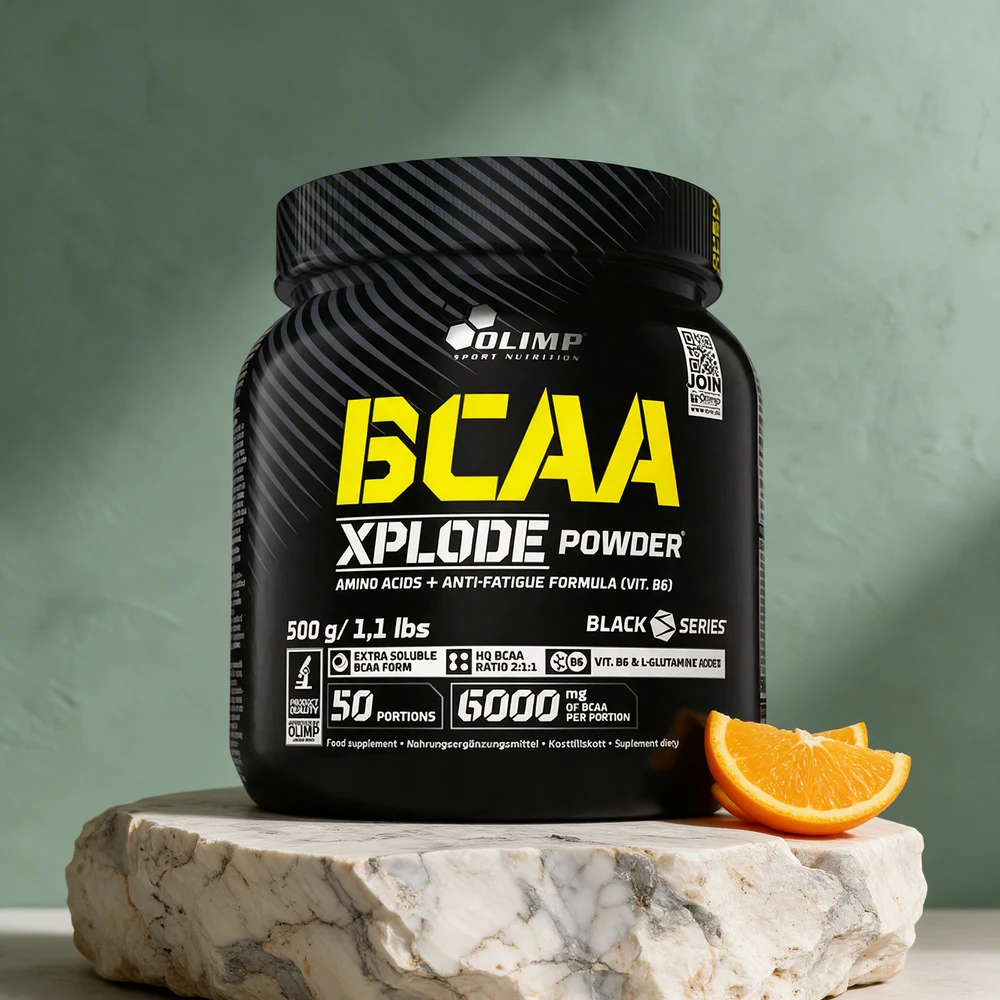 Olimp BCAA Xplode Powder, svart boks med gul skrift