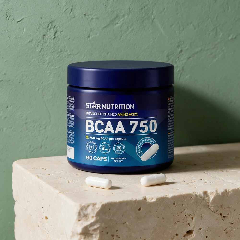 Star Nutrition BCAA 750, mørkeblå boks og to løse hvite kapsler