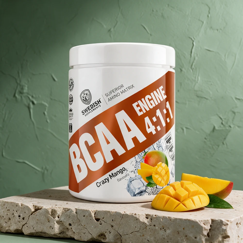 Swedish Supplements BCAA Engine 4:1:1 i Crazy Mango, hvit boks med brunt bånd