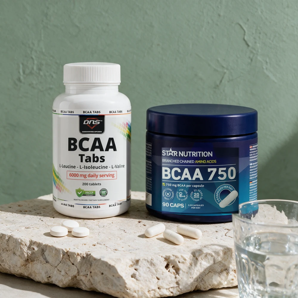 DNS BCAA Tabs og Star Nutrition BCAA 750 med løse tabletter og kapsler foran