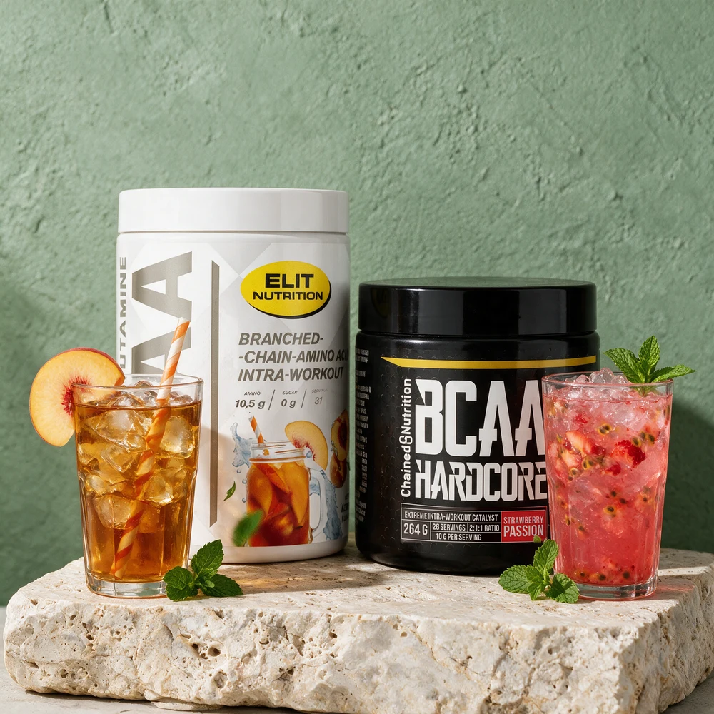 ELIT BCAA 4:1:1 + L-glutamin og Chained Nutrition BCAA Hardcore, to blandinger med glutamin