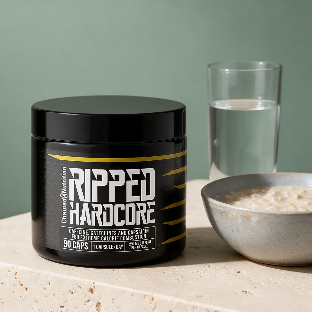Chained Nutrition Ripped Hardcore i lav, svart boks merket «90 caps» og «1 capsule/day»