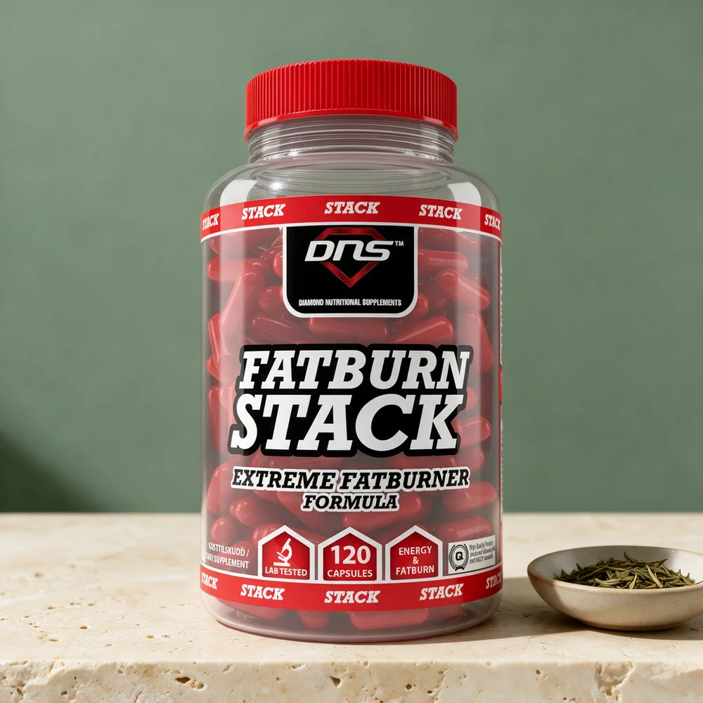 DNS Fatburn Stack med røde kapsler synlige gjennom boksen, merket «120 capsules»