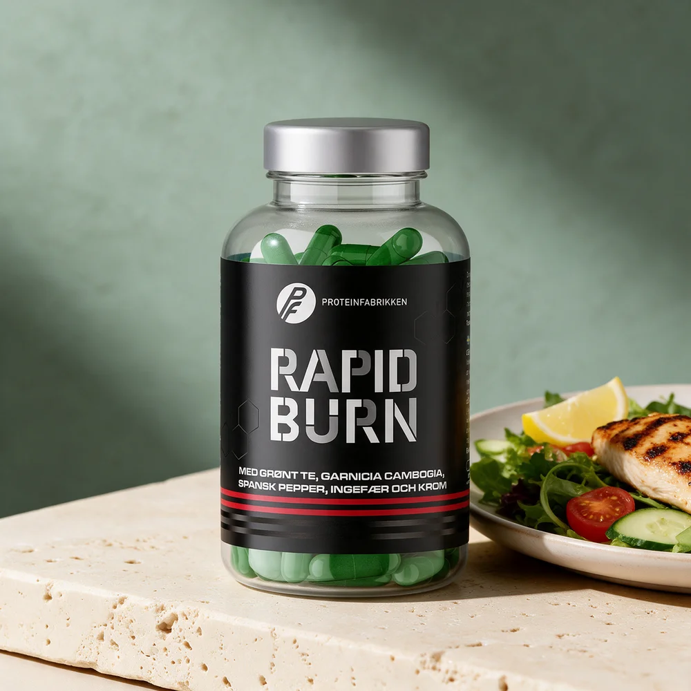 Proteinfabrikken Rapid Burn i klar boks med grønne kapsler