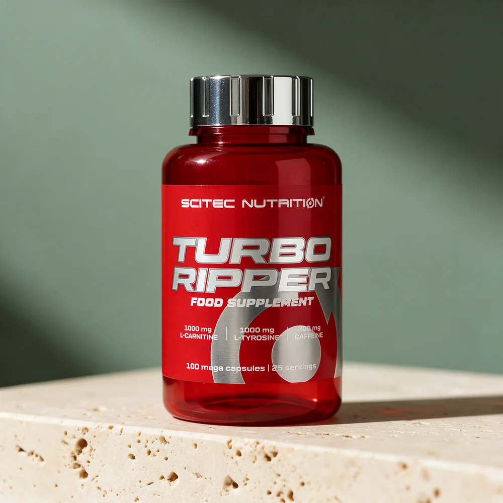 Scitec Nutrition Turbo Ripper i rød boks merket «100 mega capsules» og «25 servings»