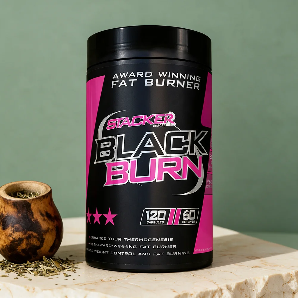 Stacker2 Black Burn i høy, svart boks merket «120 capsules» og «60 servings»