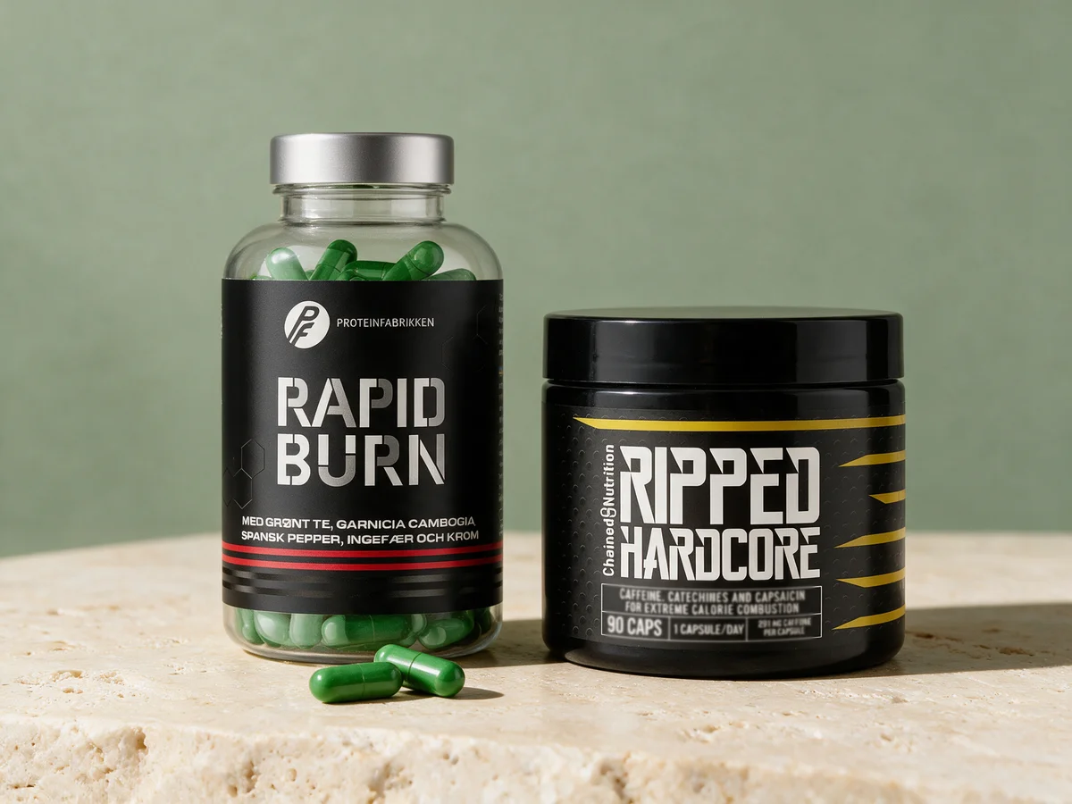 Grønne plantekapsler fra Proteinfabrikken Rapid Burn foran boksen, ved siden av Chained Nutrition Ripped Hardcore