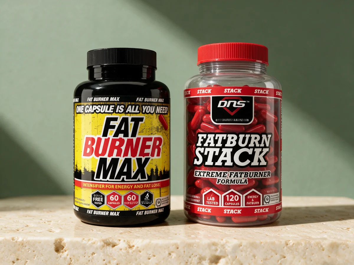DNS Fat Burner MAX merket «One capsule is all you need» og DNS Fatburn Stack med 120 kapsler