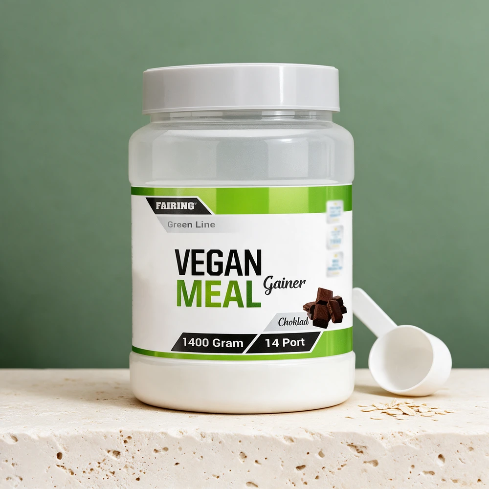 Fairing Green Line Vegan Meal Gainer Choklad, boks på 1400 gram med 14 porsjoner, og en måleskje