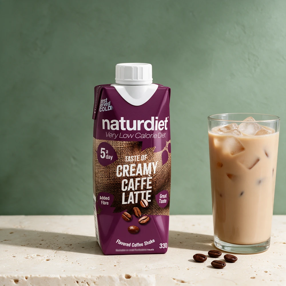 Naturdiet Very Low Calorie Diet Creamy Caffè Latte, kartong på 330 ml med skrukork, merket «5 a day» og «best served cold»