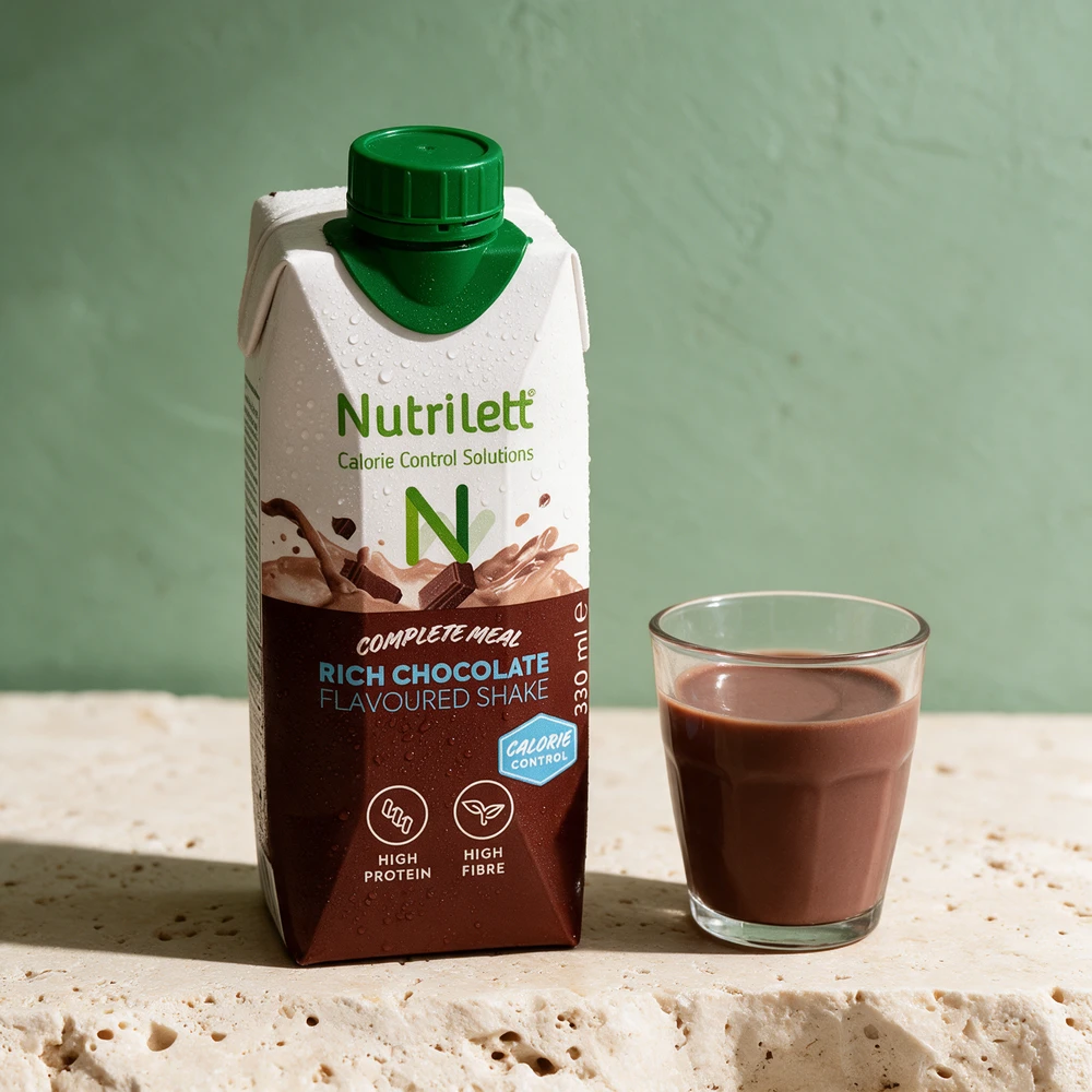Nutrilett Smart Meal Rich Chocolate Flavoured Shake, kartong på 330 ml med skrukork, merket «Complete meal»