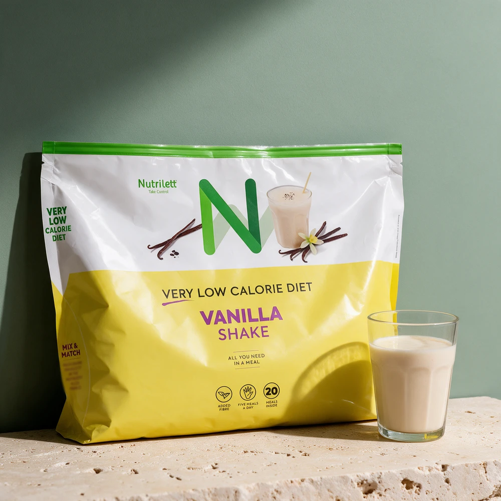 Nutrilett Very Low Calorie Diet Vanilla Shake, pakken merket med fem måltider om dagen og 20 måltider inni