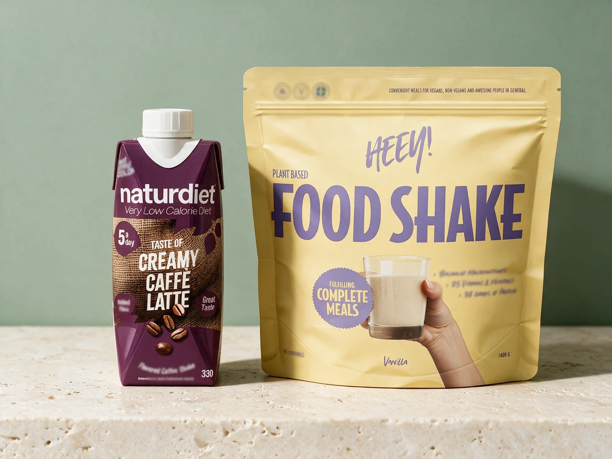 Naturdiet Very Low Calorie Diet Caffè Latte, kartong på 330 ml merket «5 a day», og Heey! Plant Based Food Shake Vanilla, pose på 1400 g
