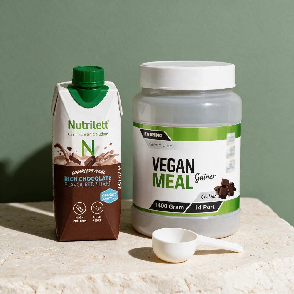 Nutrilett Smart Meal Rich Chocolate, kartong på 330 ml med skrukork, og Fairing Green Line Vegan Meal Gainer, boks på 1400 gram med måleskje