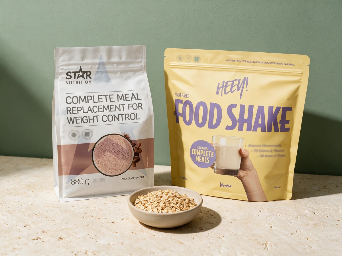 Star Nutrition Complete Meal Replacement for Weight Control på 880 g og Heey! Plant Based Food Shake Vanilla, merket «Plant based»