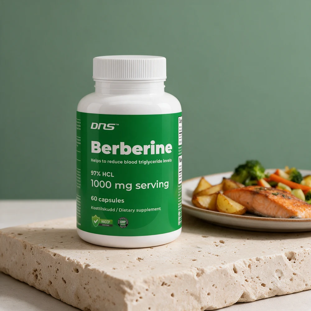 DNS Berberine 500 mg, boks med «97% HCL», «1000 mg serving» og «60 capsules» på forsiden