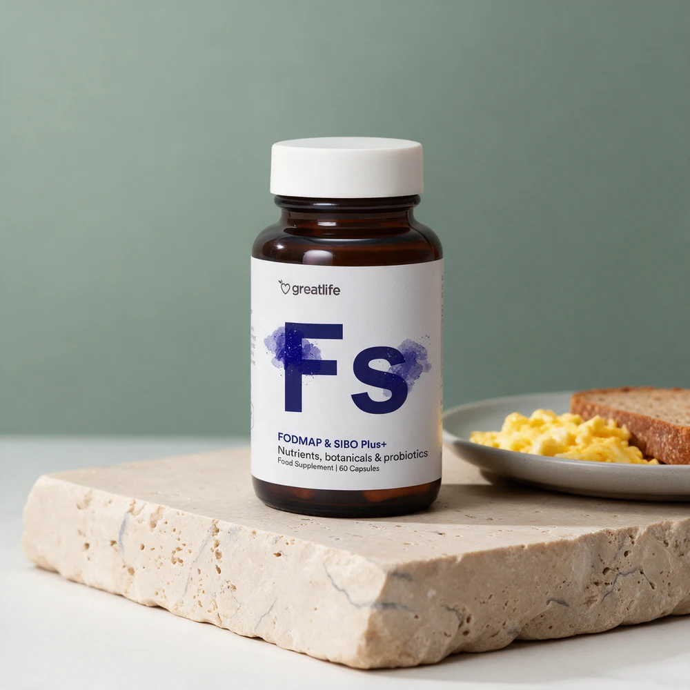 Greatlife FODMAP & SIBO Plus+, mørk glasskrukke med hvitt lokk merket «60 Capsules»