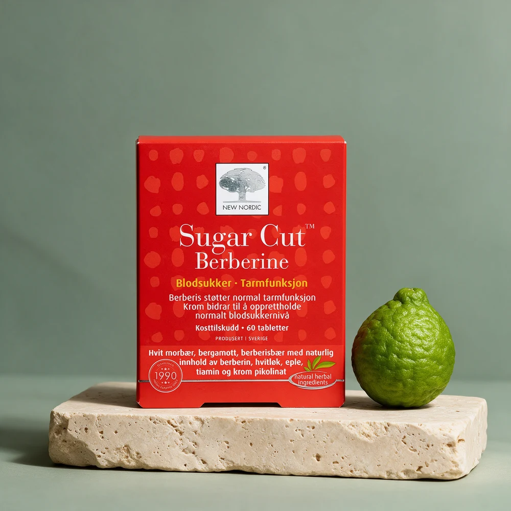 New Nordic Sugar Cut Berberine, eske med 60 tabletter og plantene listet på forsiden