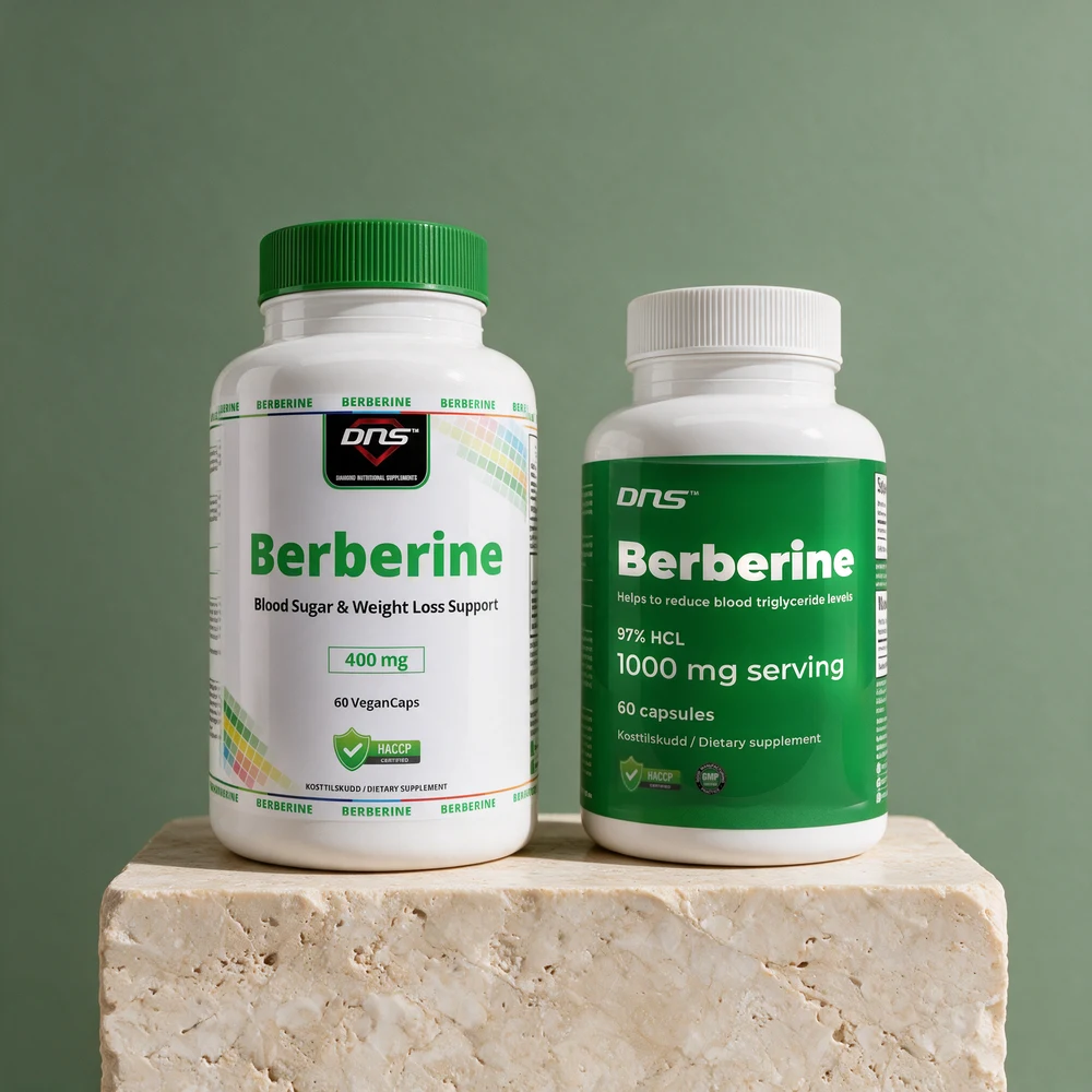 DNS Berberine 400 mg merket «400 mg» og DNS Berberine 500 mg merket «1000 mg serving»
