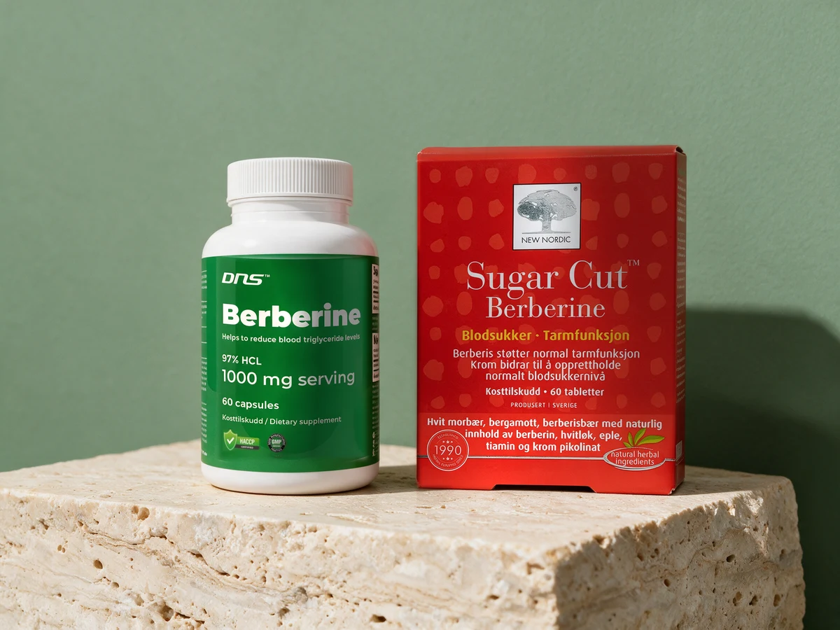 DNS Berberine 500 mg med «97% HCL» på forsiden og New Nordic Sugar Cut Berberine-esken med plantene listet