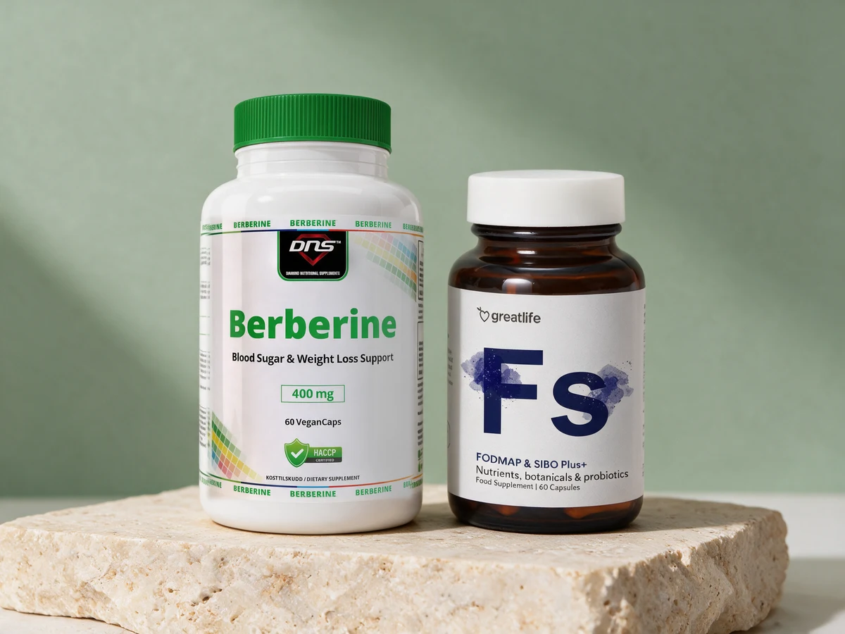 DNS Berberine 400 mg merket «60 VeganCaps» og Greatlife FODMAP & SIBO Plus+ i glasskrukke merket «60 Capsules»