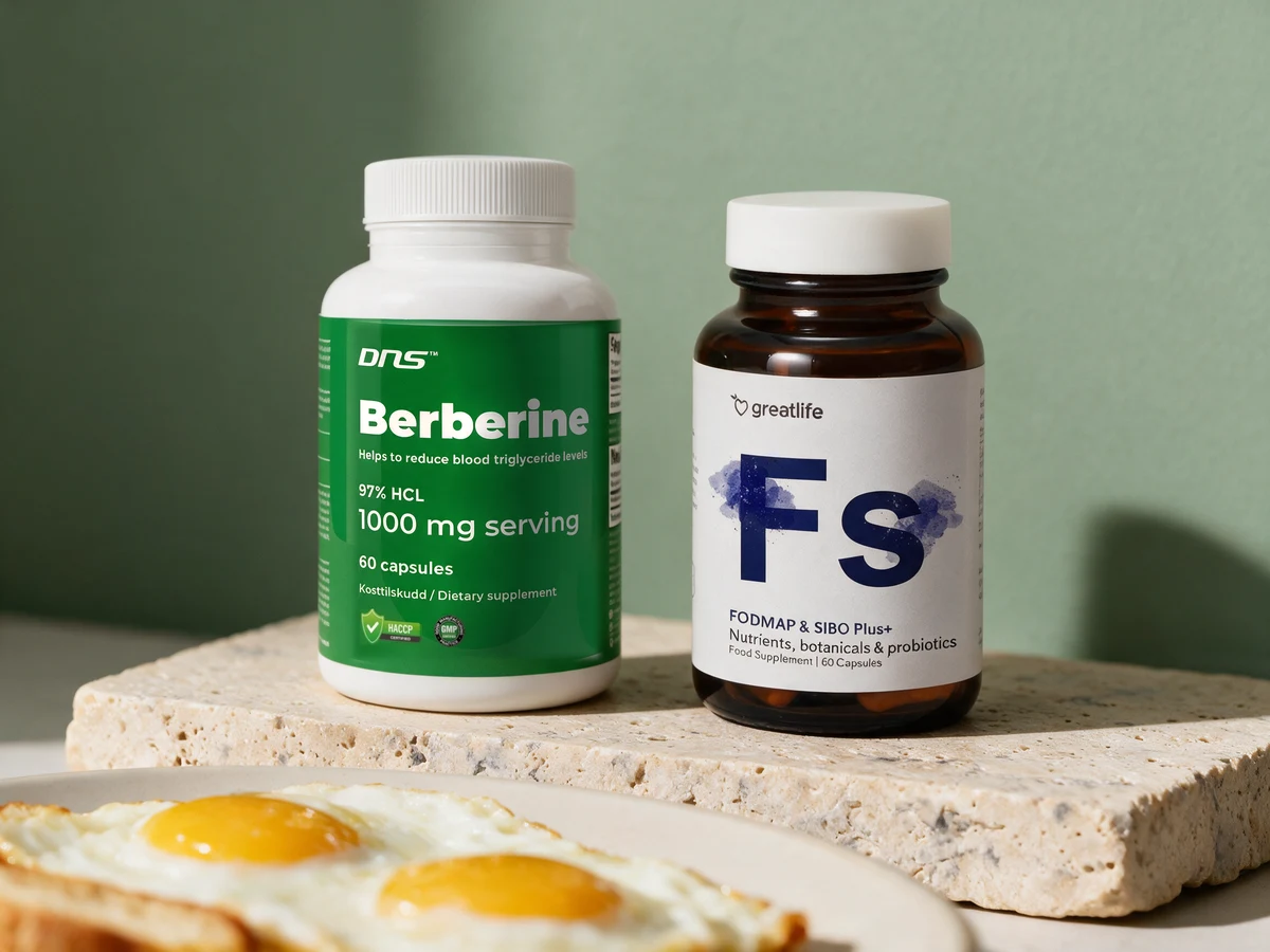 DNS Berberine 500 mg med «97% HCL» og «1000 mg serving» på forsiden, og Greatlife FODMAP & SIBO Plus+, der berberinet ikke står på forsiden