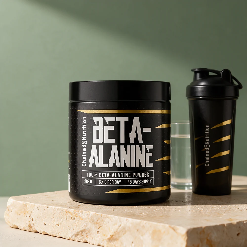 Chained Nutrition Beta-Alanine 288 g og en shaker til å blande i