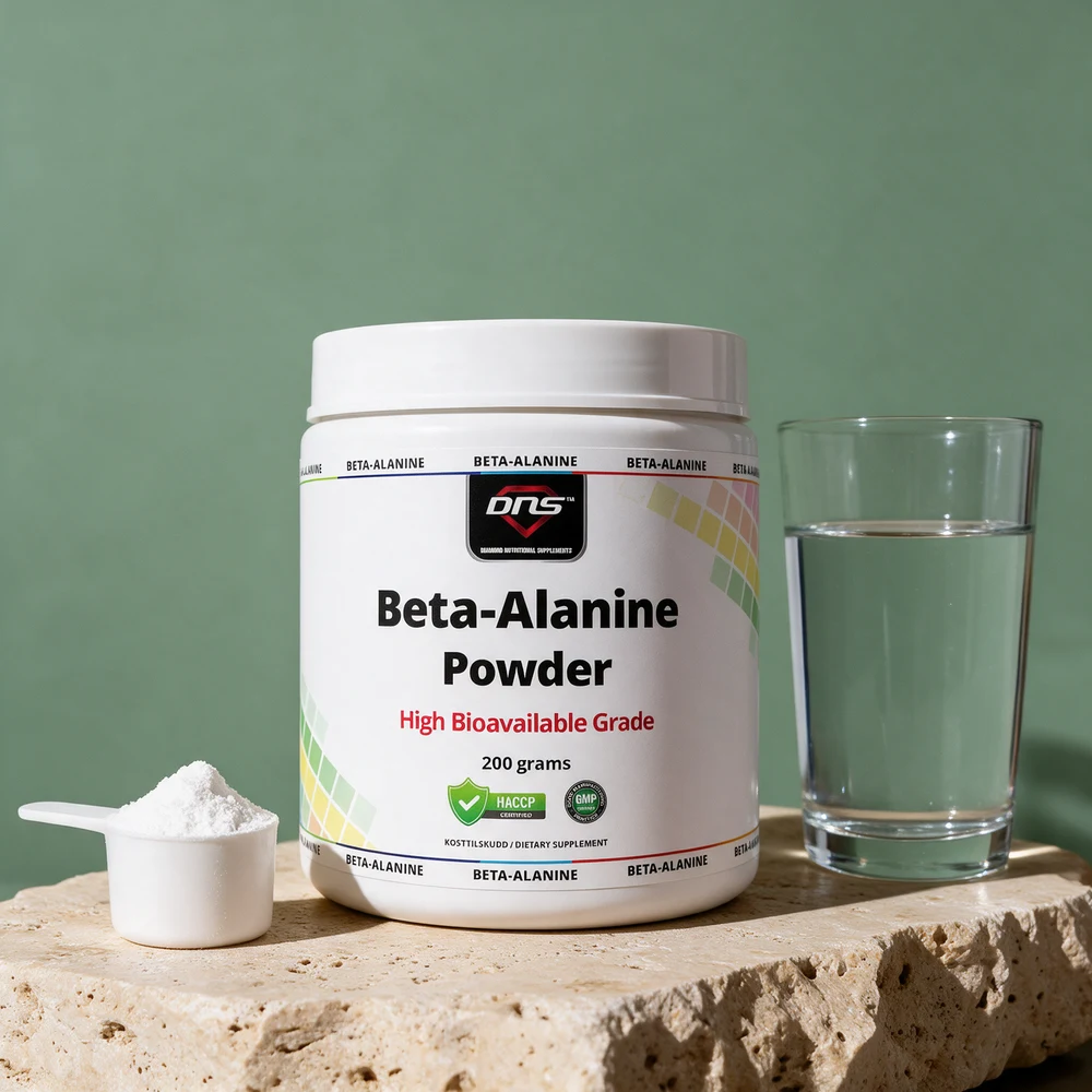 DNS Beta-Alanine Powder 200 g med en liten måleskje og hvitt pulver