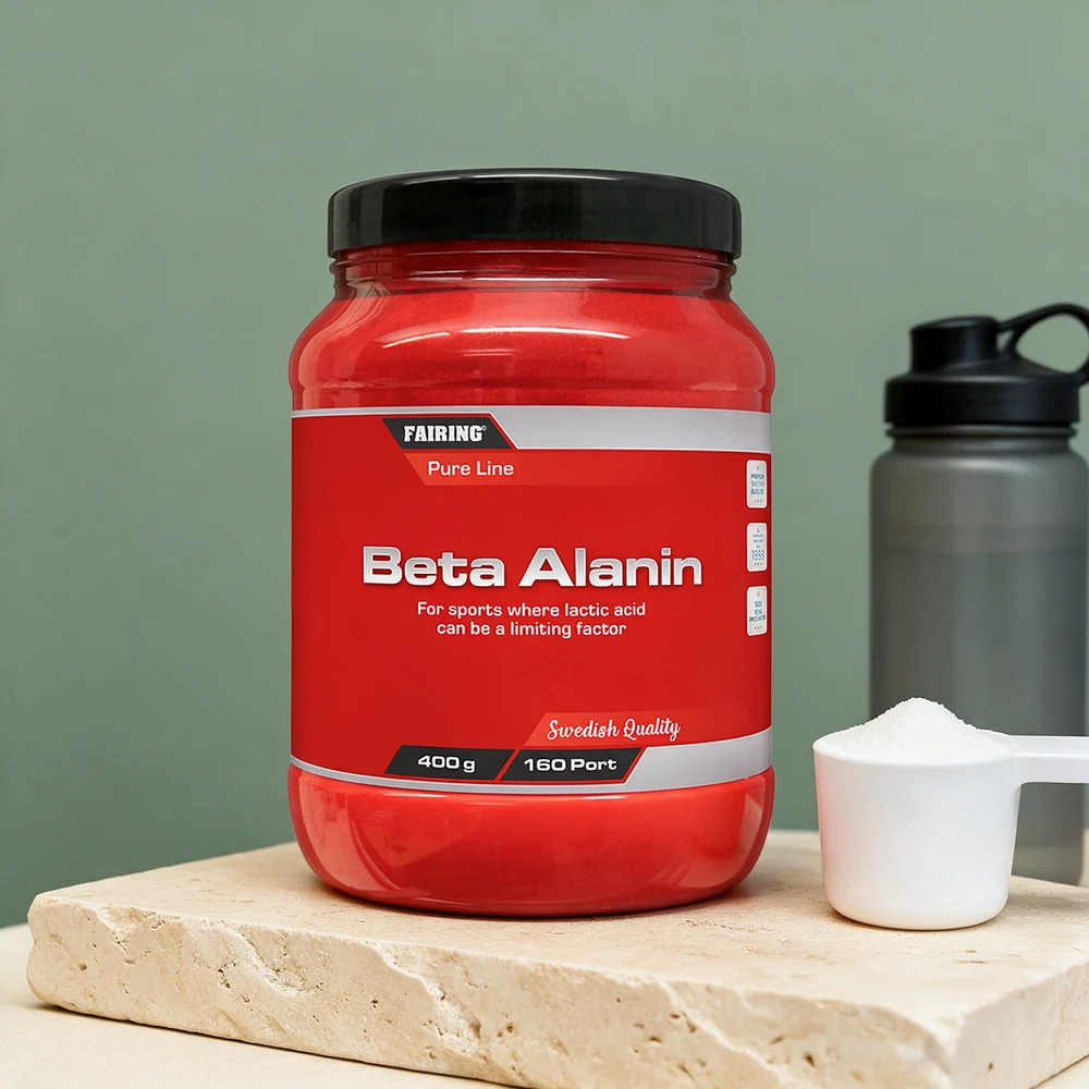 Fairing Beta Alanin 400 g med den store måleskjeen og hvitt pulver