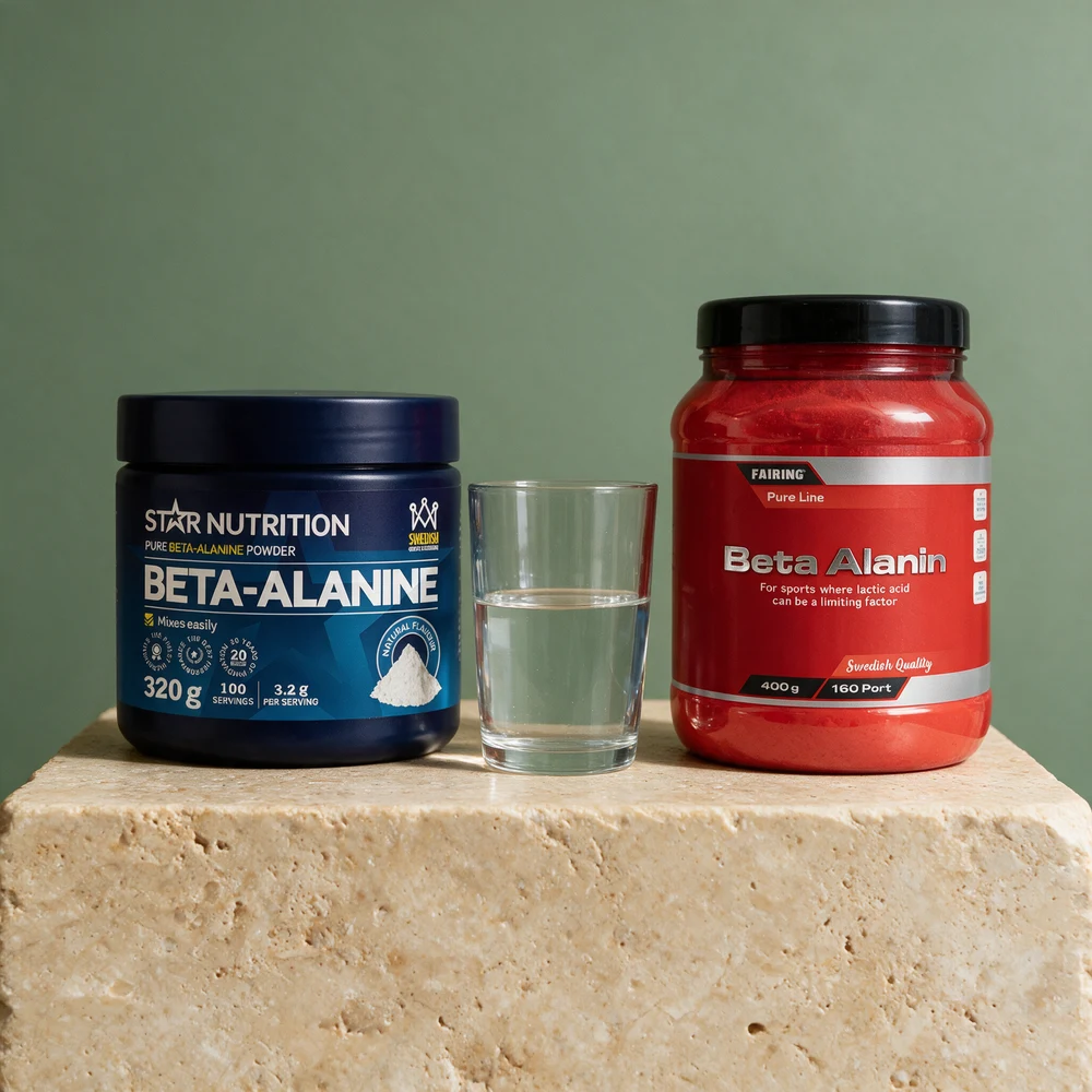 Star Nutrition Beta-Alanine og Fairing Beta Alanin, to bokser med rent beta-alaninpulver