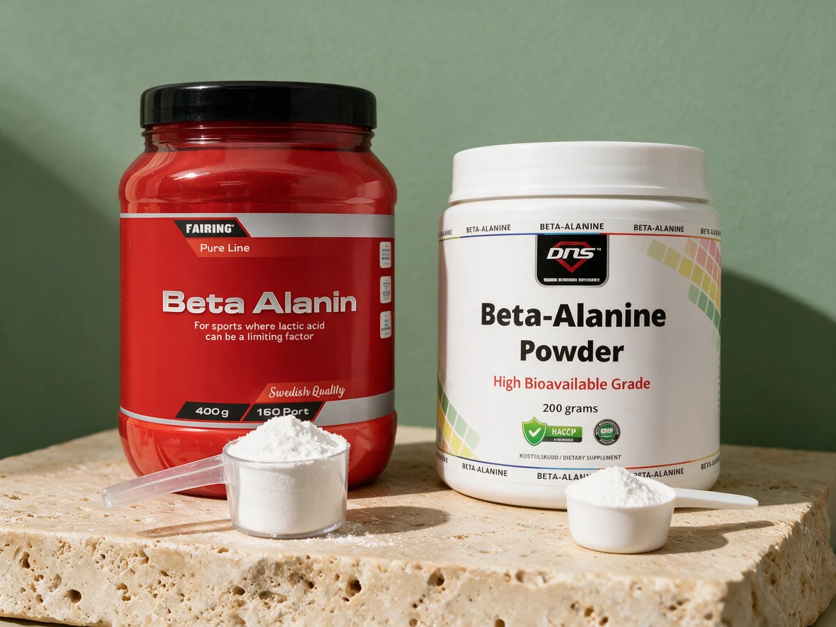 Fairing Beta Alanin med den store måleskjeen og DNS Beta-Alanine Powder med den lille, begge med hvitt pulver