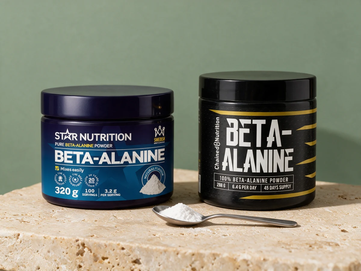 Star Nutrition Beta-Alanine merket «Pure beta-alanine powder» og Chained Nutrition Beta-Alanine merket «100% beta-alanine powder»