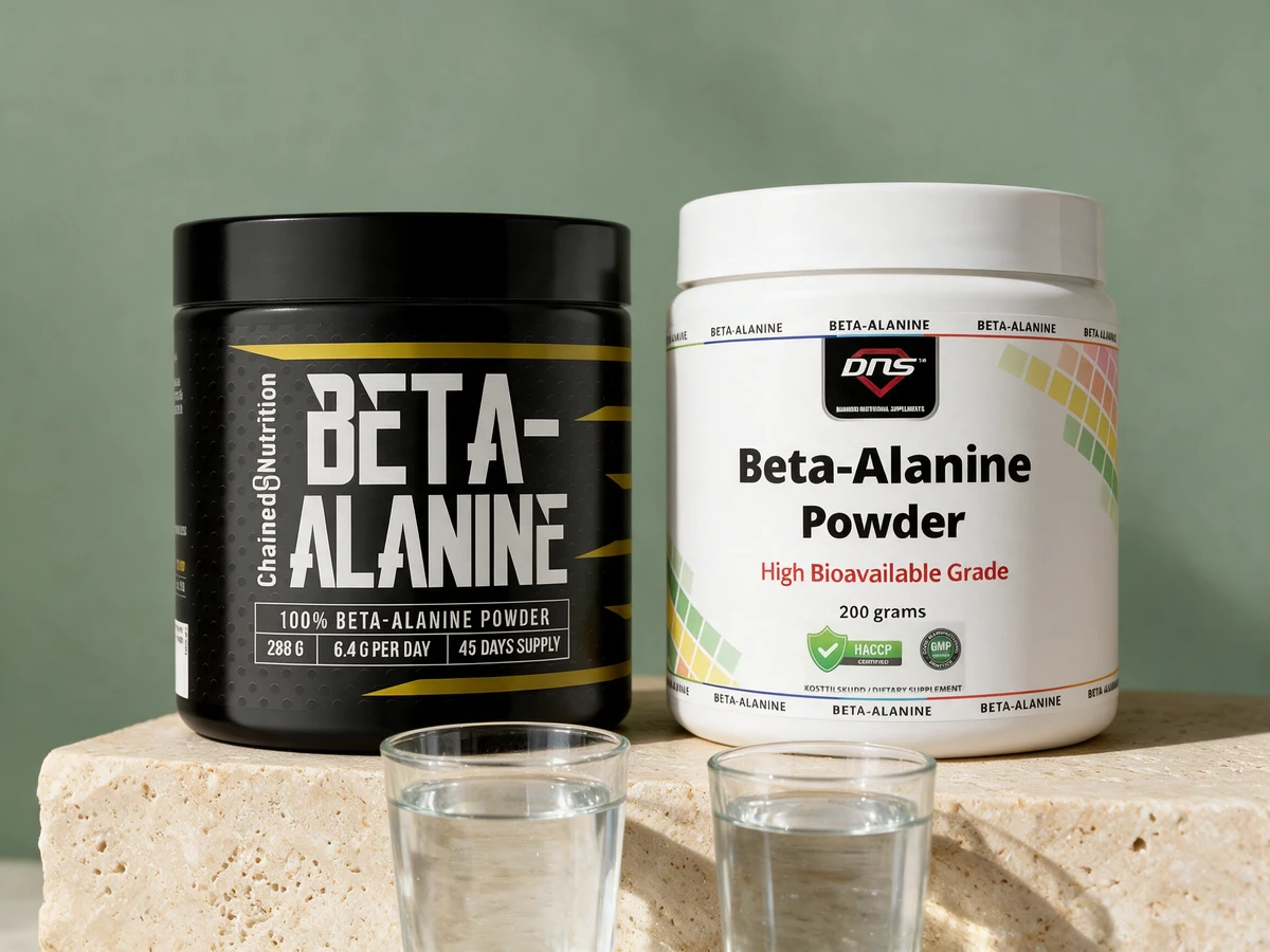 Chained Nutrition Beta-Alanine og DNS Beta-Alanine Powder med to glass vann foran