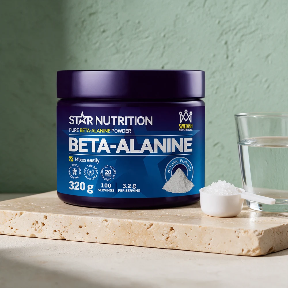 Star Nutrition Beta-Alanine 320 g med måleskje og hvitt, krystallaktig pulver