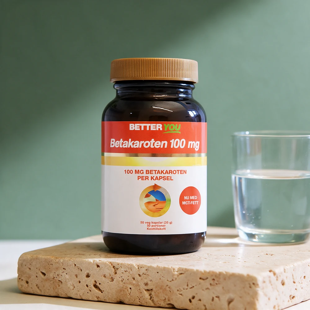 Better You Betakaroten 100 mg, ravfarget boks merket 100 mg per kapsel og 50 portioner