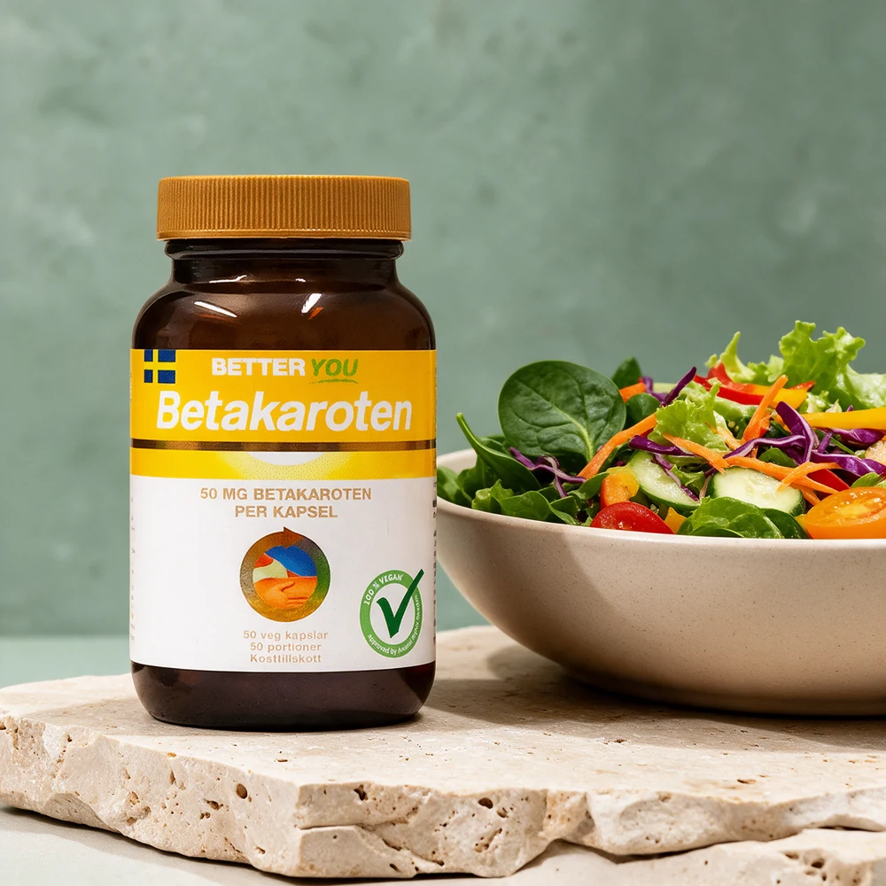Better You Betakaroten 50 mg, ravfarget boks merket 50 veg kapslar og 50 portioner