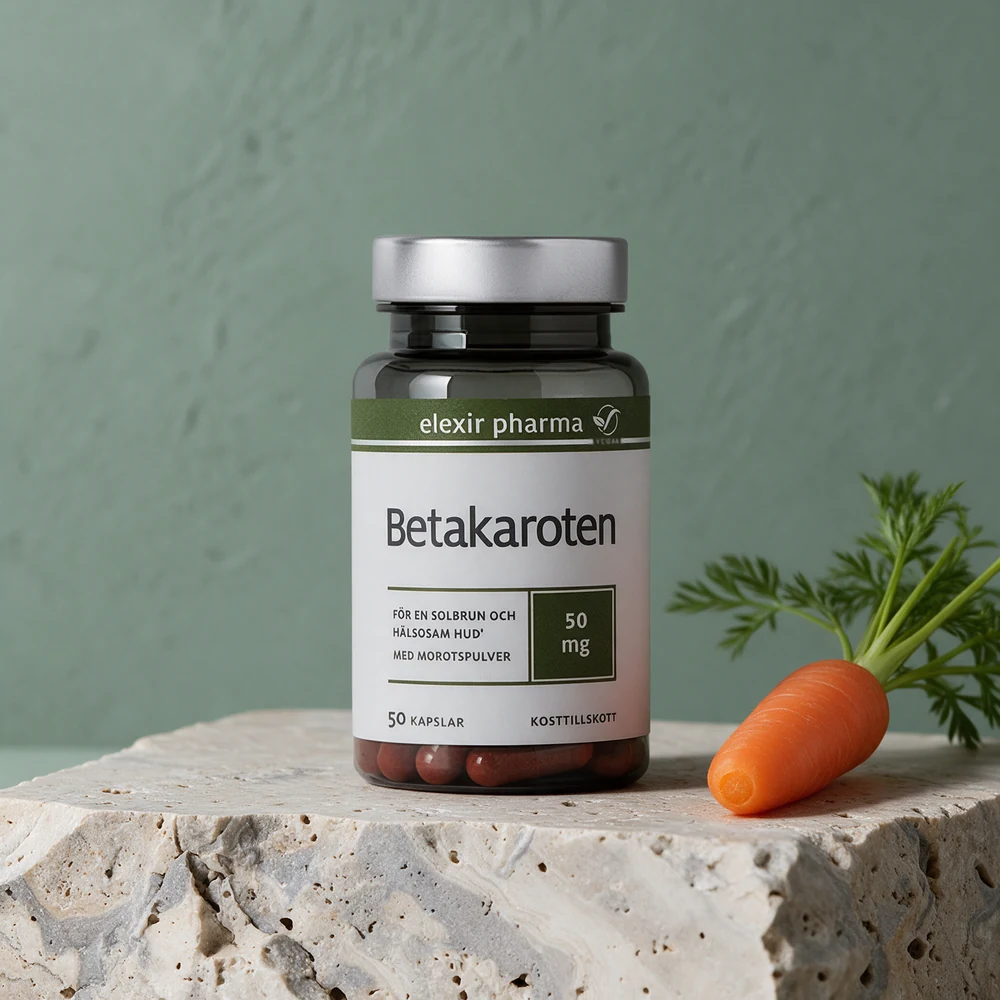 Elexir Pharma Betakaroten 50 mg, mørk glassboks der de rødbrune kapslene synes gjennom glasset