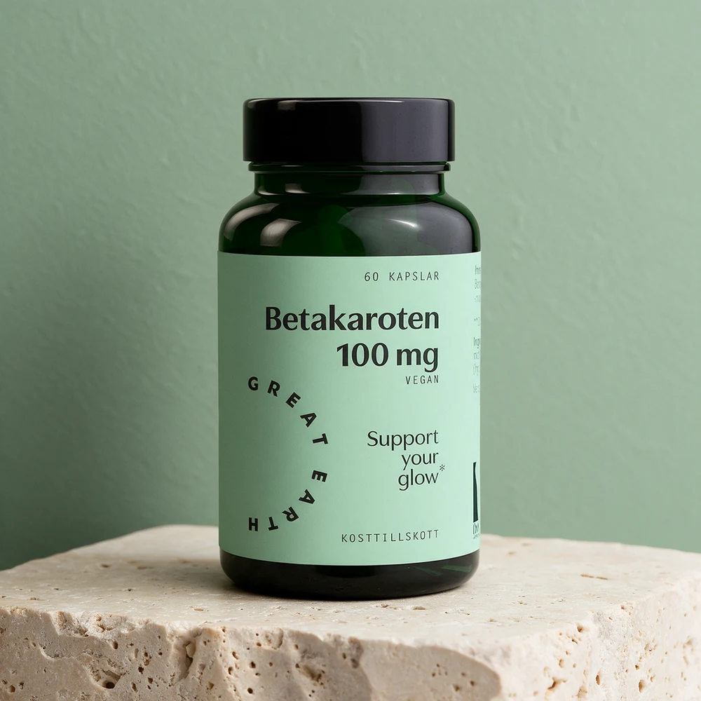 Great Earth Betakaroten 100 mg Vegan, mørk boks merket 60 kapsler