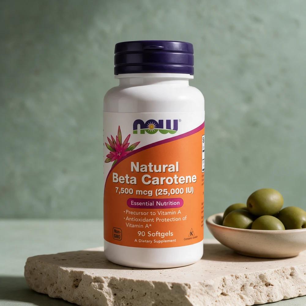 NOW Natural Beta Carotene, boks merket 7 500 mcg (25 000 IU) og 90 softgels