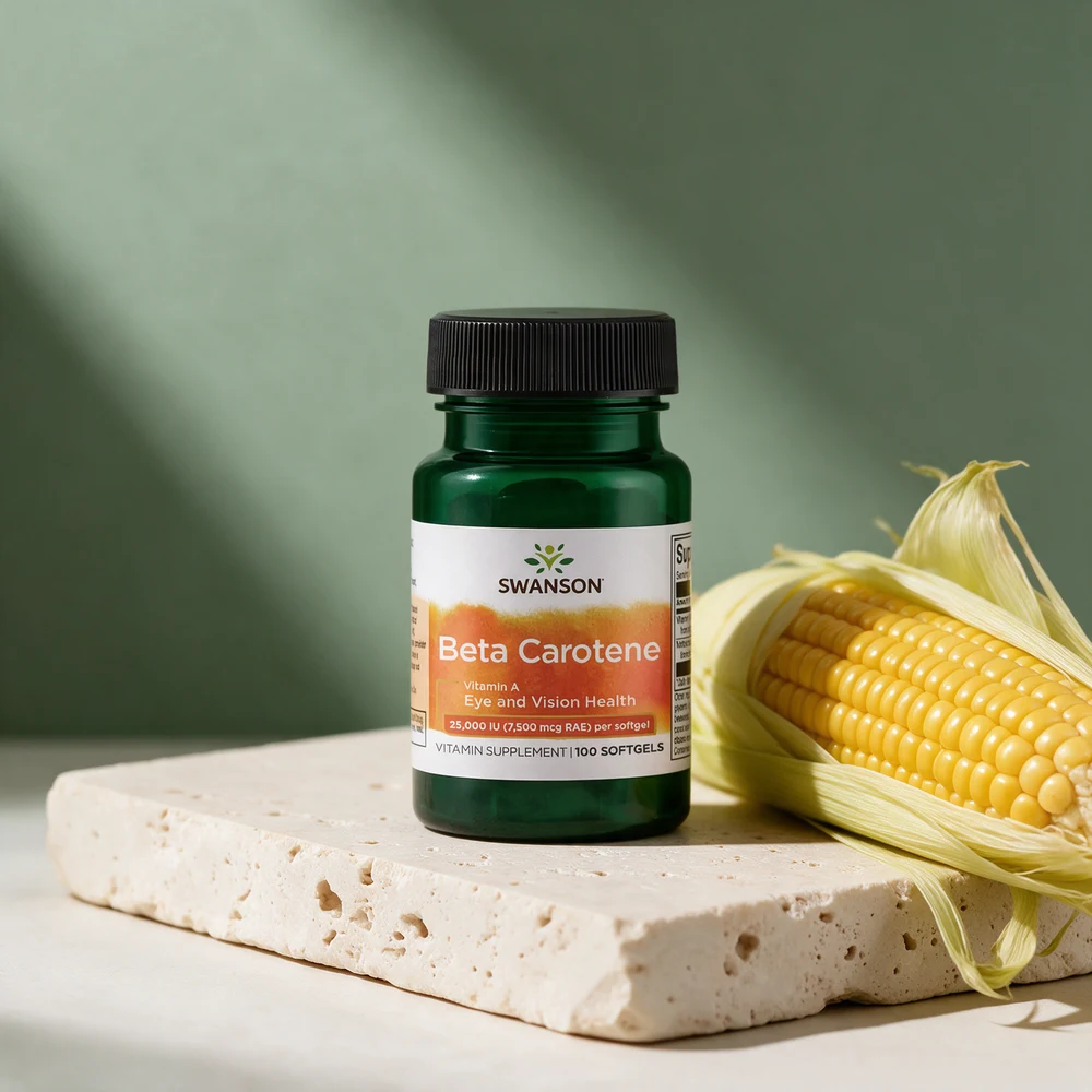 Swanson Beta Carotene, flaske merket 25 000 IU (7 500 mcg RAE) og 100 softgels