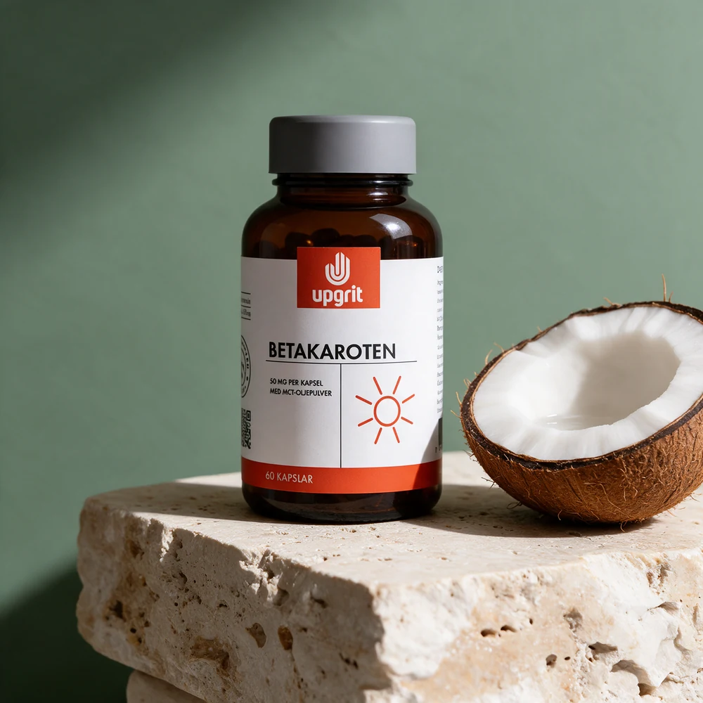 Upgrit Betakaroten, brun glassboks merket 50 mg per kapsel og 60 kapsler