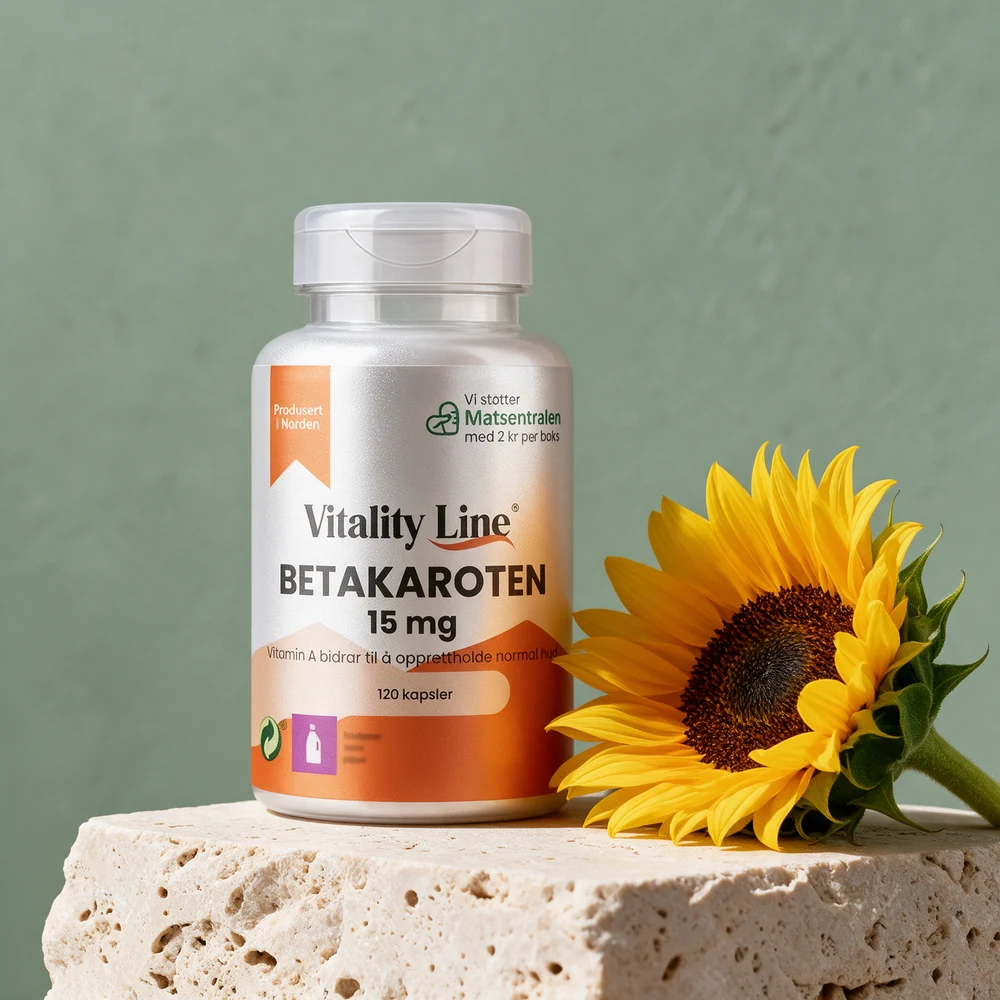 Vitality Line Betakaroten 15 mg, boks med 120 kapsler og gjennomsiktig kuppellokk