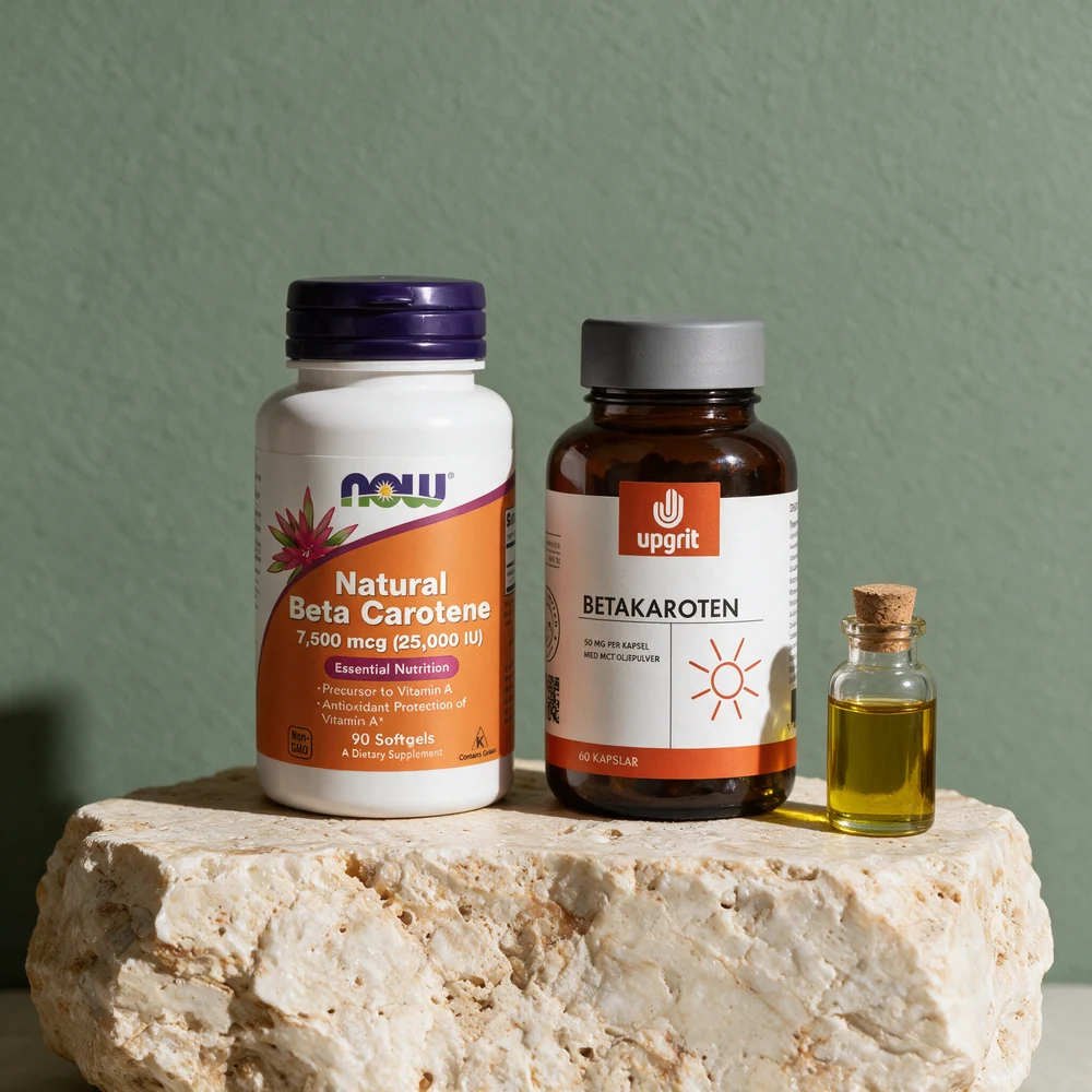 NOW Natural Beta Carotene, merket 25 000 IU og 90 softgels, og Upgrit Betakaroten, merket 50 mg per kapsel med MCT-oljepulver
