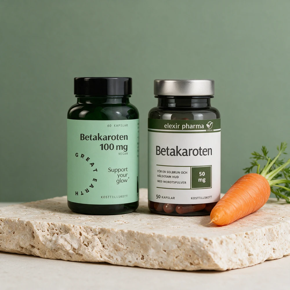 Great Earth Betakaroten, merket 100 mg og 60 kapsler, og Elexir Pharma Betakaroten, merket 50 mg med morotspulver