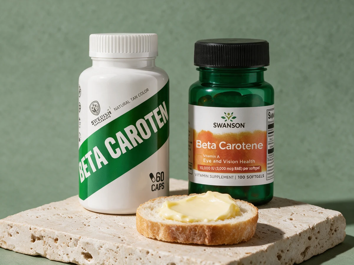 Swedish Supplements Beta Caroten, hvit boks, og Swanson Beta Carotene 10 000 IU, grønn flaske
