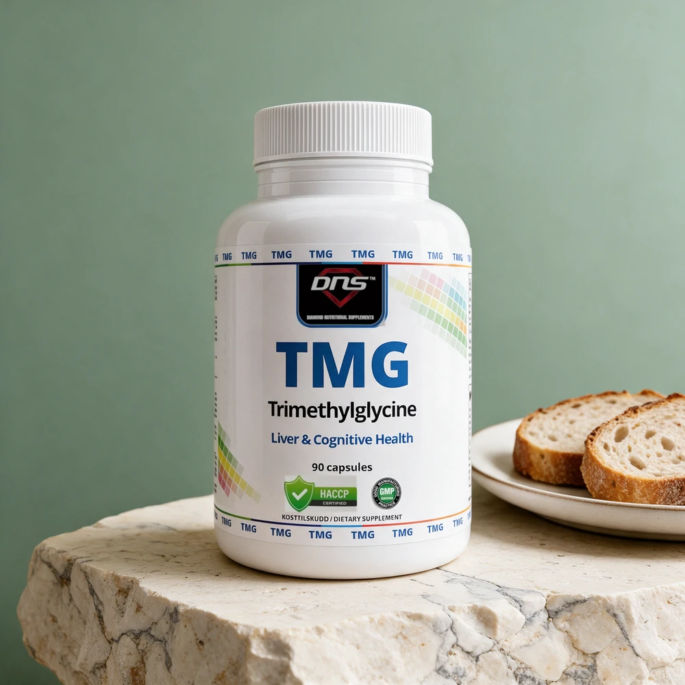DNS TMG i hvit boks, merket «TMG Trimethylglycine» og «90 capsules»