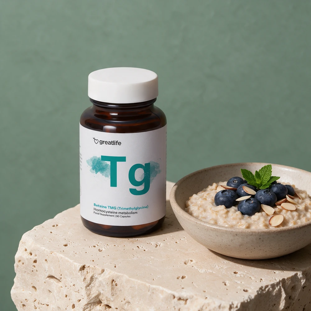 Greatlife TMG i brun glasskrukke, merket «Betaine TMG» og «90 Capsules»